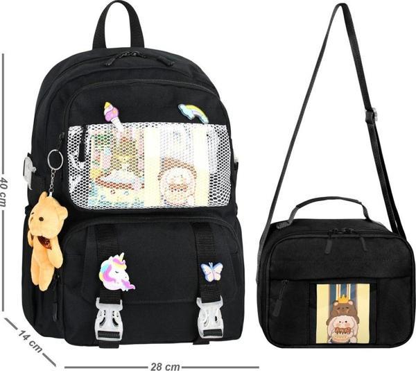 Waddell Kawaii Kore Tarzı Aksesuarlı İlkokul Sırt ve Beslenme Çantası Siyah 25001 - Image 1