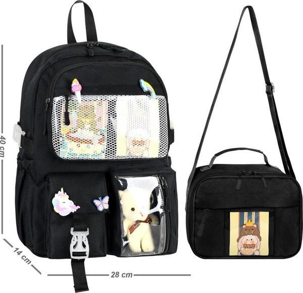 Waddell Kawaii Kore Tarzı Aksesuarlı İlkokul Sırt ve Beslenme Çantası Siyah 25002 - Image 1