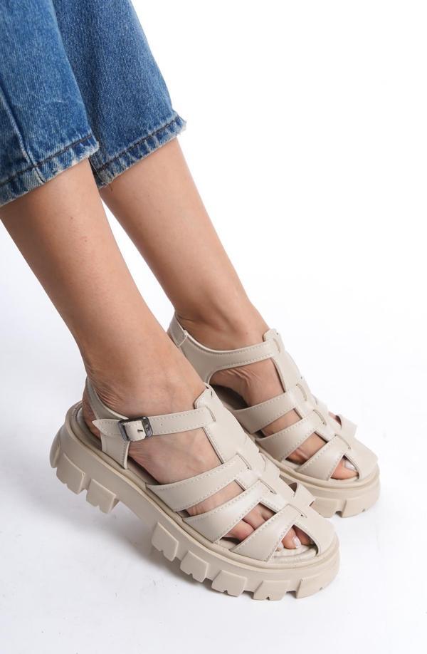 Kadın Petra Krem Deri Yüksek Taban Kafes Model Sandalet 950 - Image 1
