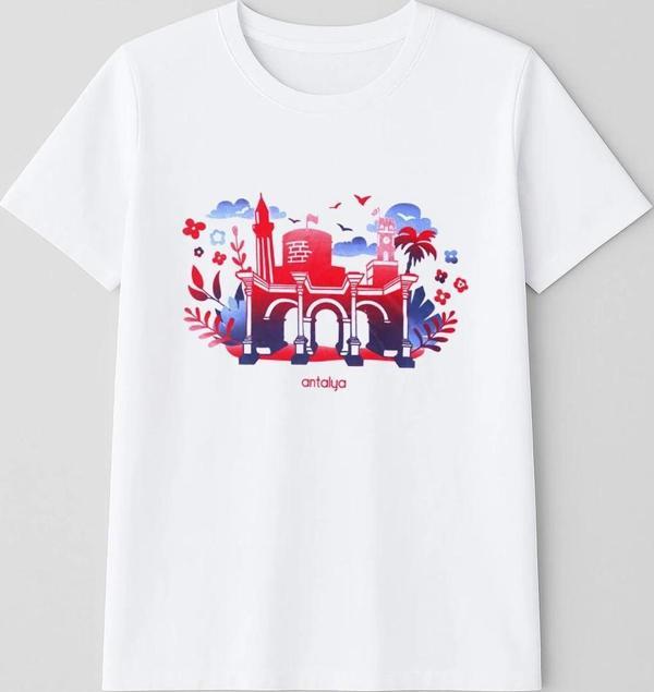 Kadın %100 Pamuk Antalya Baskılı Beyaz T-Shirt - Image 1