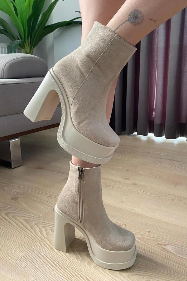 Kadın Sidney Krem Süet 12 cm Platform Topuklu Fermuarlı Bot - Image 1
