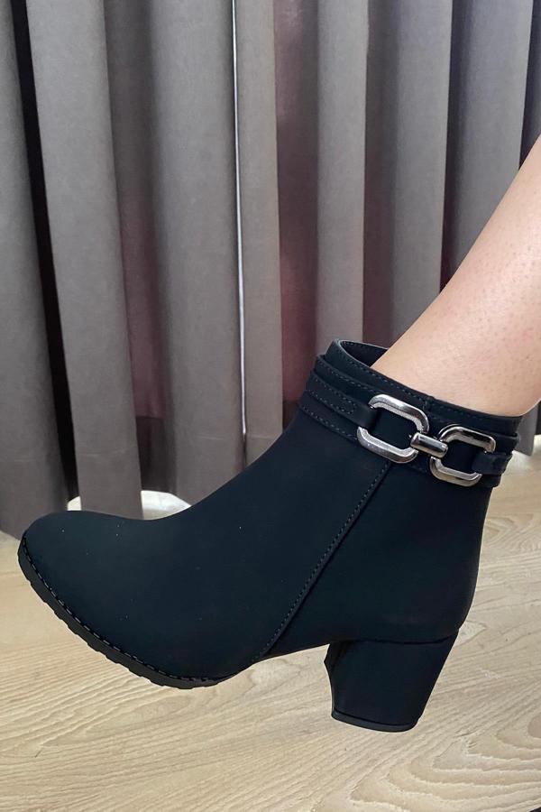 Kadın Hana Siyah Zümrüt Platin Tokalı ( 6 cm ) Topuklu Oval Burun Bot - Image 1