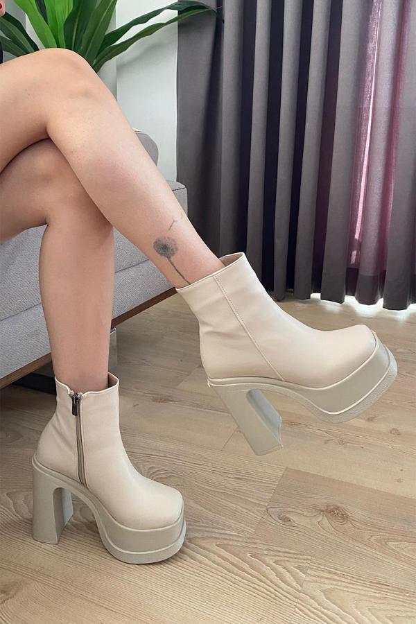 Kadın Sidney Krem 12 cm Platform Topuklu Fermuarlı Bot - Image 1