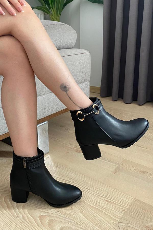 Kadın Hana Siyah Cilt Uzun Toka ( 6 cm ) Topuklu Oval Burun Bot - Image 1
