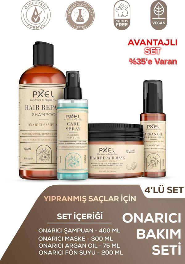 PXEL Onarıcı Şampuan – Maske – Argan Yağı Serum – Fön Suyu 4’lü Set | Yıpranmış ve Kuru Saçlar İçin Yoğun Bakım |400 ML, 300 ML, 75 ML, 200 ML - Image 1
