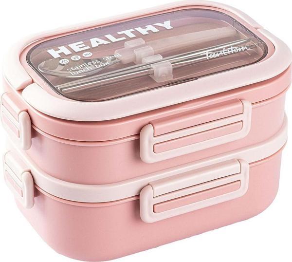 Tantitoni Paslanmaz Çelik 2 Katlı Çatal Ve Kaşıklı Yemek Taşıma Kabı 1.65lt Pembe  - Image 1