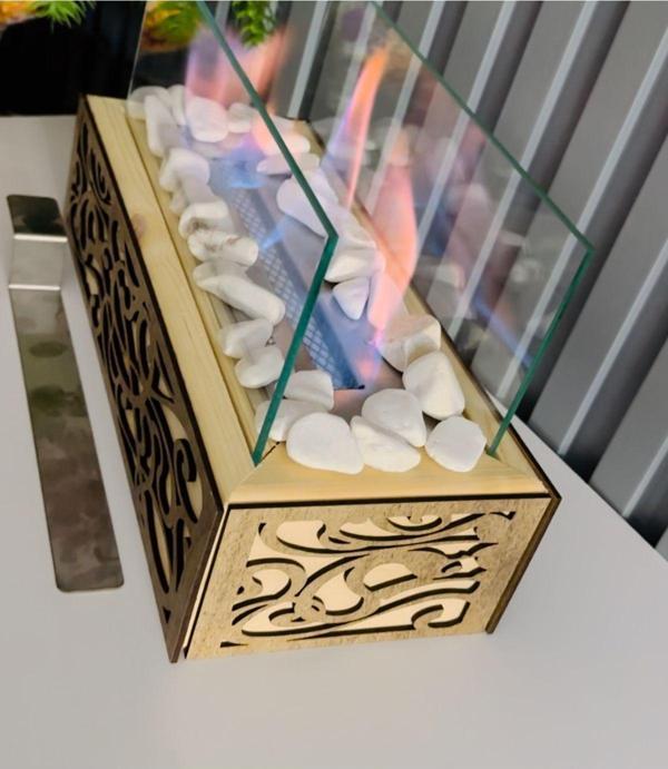 Esha Home Ahşap Masa Üstü Açık Kahve İşlemeli Bioethanol Şömine Sertifikalı Yakıt Ve Dekoratif Taş - Image 1