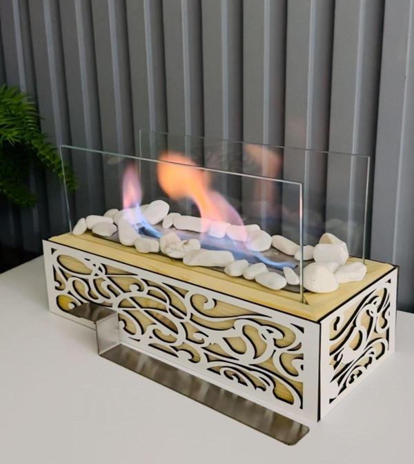 Esha Home Ahşap Masa Üstü Beyaz İşlemeli Bioethanol Şömine Sertifikalı Yakıt Ve Dekoratif Taş - Image 1