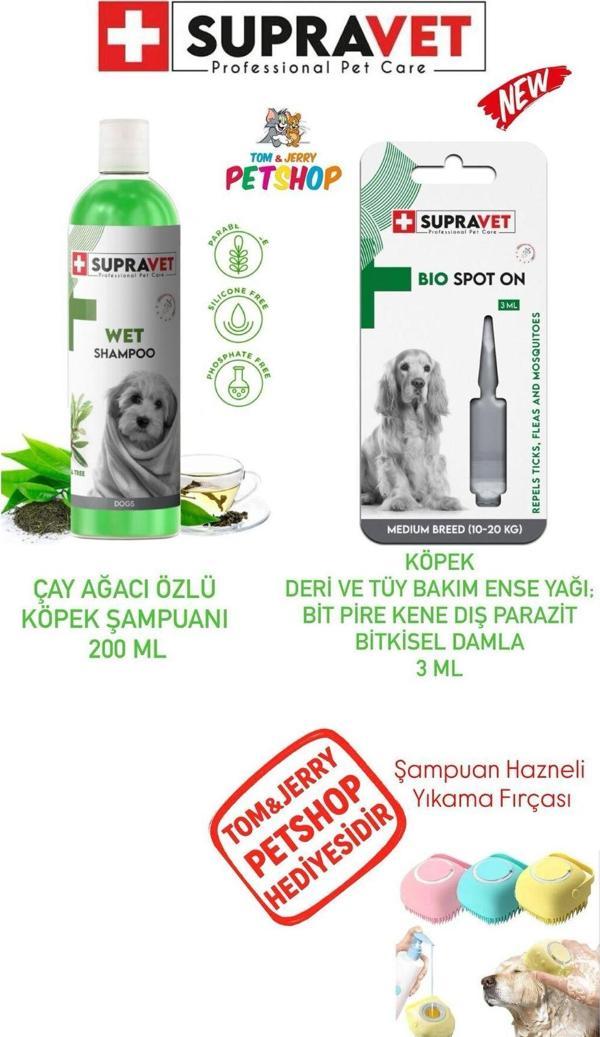 Supravet Çay Ağacı Özlü Köpek Şampuanı 200 Ml / Bit Pire Kene Dış Parazit Bitkisel Damla 3 Ml/Fırça Hediye - Image 1