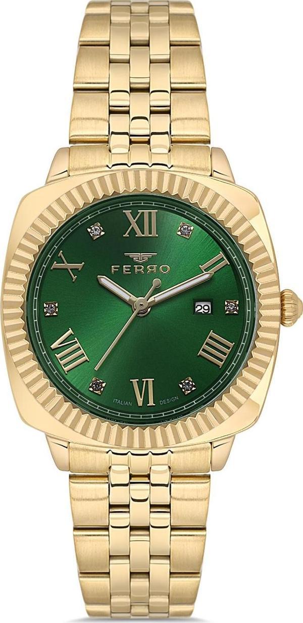 Ferro FL21625AWT-B6 Quartz Çelik Altın Rengi Yeşil Kadran 32 mm Kadın Kol Saati - Image 1