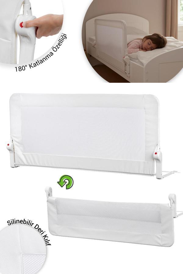 Wellgro Premium 150x65 cm Deri Kılıflı Yatak Bariyeri, Katlanır Yatak Korkuluğu, Beyaz - Image 1