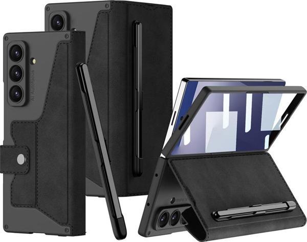 Galaxy Z Fold 7 Kılıf Kamera Korumalı Kadife Tasarımlı Kıpta Kalem Bölmeli Fest Kapak - Image 1