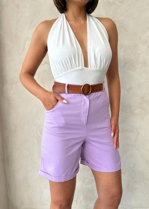 Kemerli gabardin şort lila s25735 - Image 1