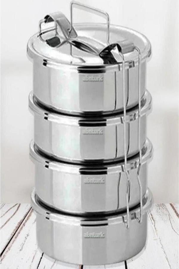 15x6cm 4 Kap Isıtılabilir Sefer Tası 4-5 Kişilik Paslanmaz Çelik Yemek Taşıma Kabı 750ml x4=3 litre - Image 1