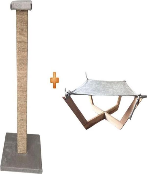 Sonrisa Pets Kedi Tırmalama Tahtası + Ahşap Ayaklı Hamak Kedi Yatağı Gri - Image 1