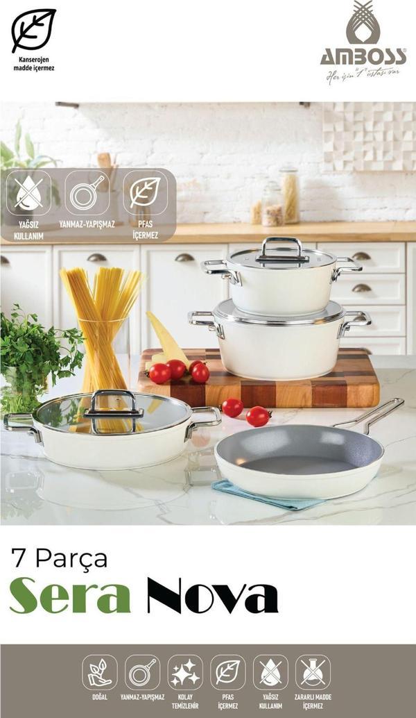 Sera Nova 7 Parça Seramik Tencere Tava Seti Beyaz - Image 1