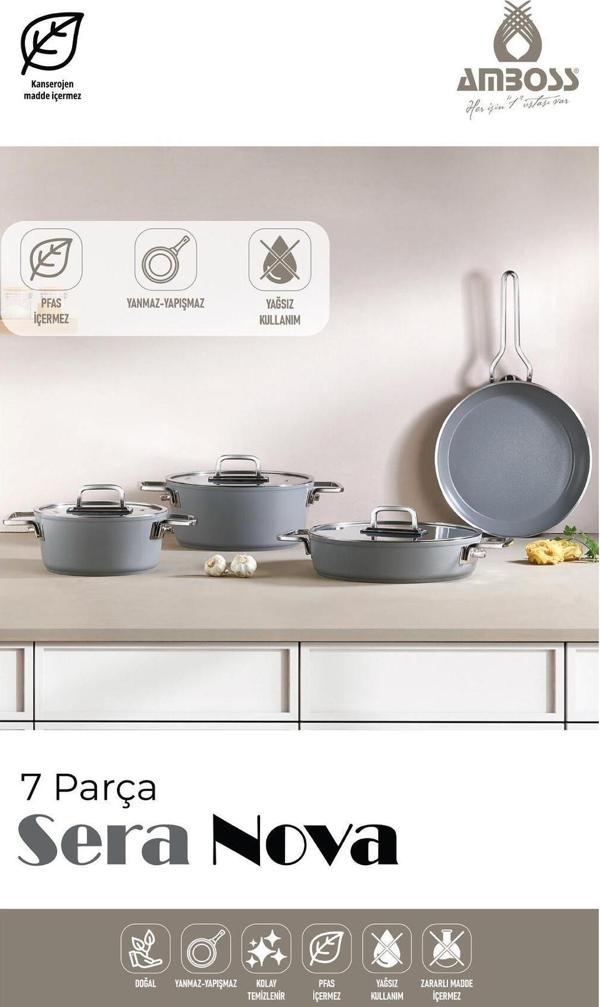 Sera Nova 7 Parça Seramik Tencere Tava Seti Gri - Image 1