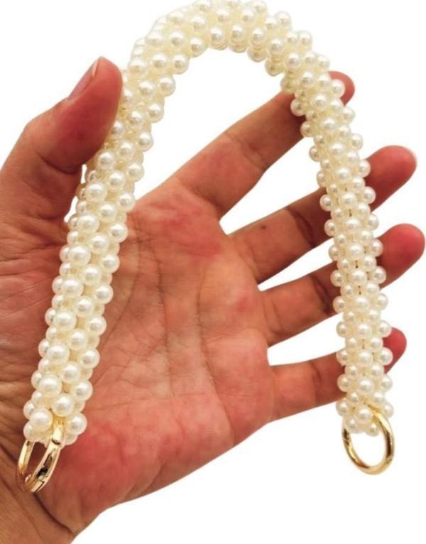 Angel Çanta Aksesuar 31 cm Krem Boncuklu Kare Model Çanta Sapı Yaylı Halkalı - Image 1