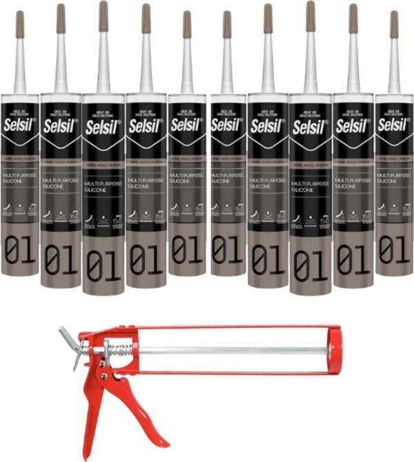Selsil Genel Amaçlı Şeffaf Silikon 280 Gr. 10 Adet +  Demir Silikon Tabancası - Image 1