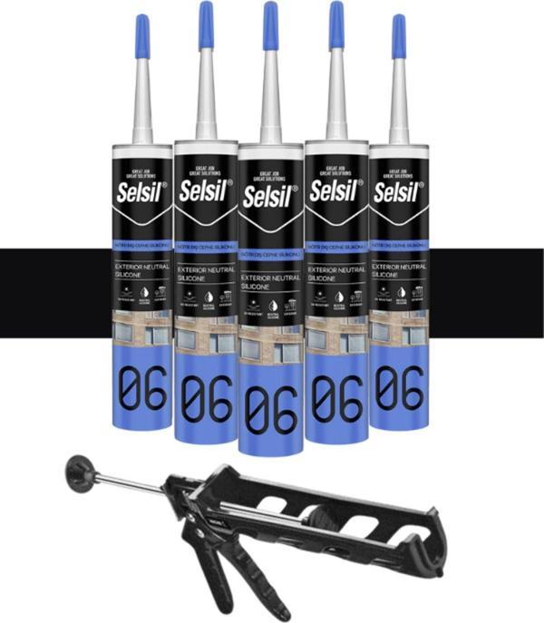Selsil Nötr Cephe Silikonu 300 Ml Siyah (5 Adet), Plastik Tabanca - Image 1