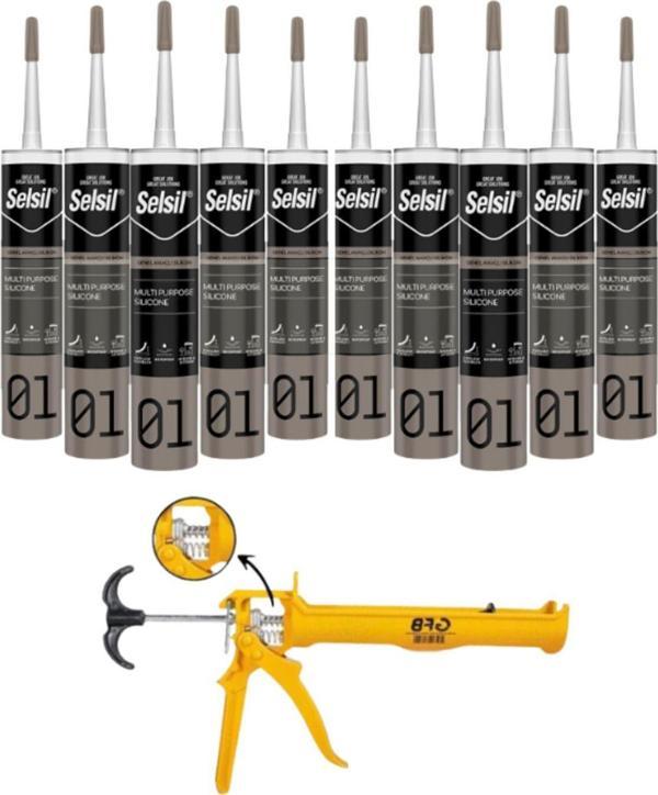 Selsil Genel Amaçlı Şeffaf Silikon 280 Gr. 10 Adet +  Gfb Alüminyum Silikon Tabancası - Image 1