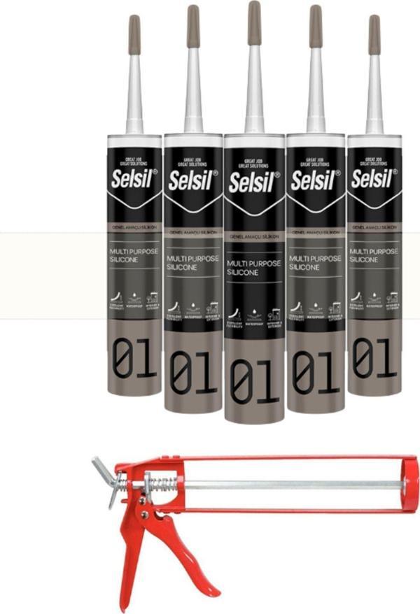 Selsil Genel Amaçlı Şeffaf Silikon 280 Gr. 5 Adet +  Demir Silikon Tabancası - Image 1