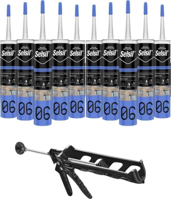 Selsil Nötr Cephe Silikonu 300 Ml Şeffaf (10 Adet), Plastik Tabanca - Image 1