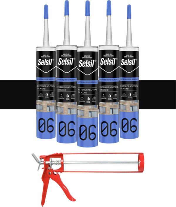 Selsil Nötr Cephe Silikonu 300 Ml Siyah (5 Adet),Demir Tabanca - Image 1