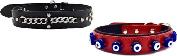 Hakiki Deri Nazar Boncuklu Köpek Tasması 56x2,5cm Ve Hakiki Deri Köpek Tasması 4x67cm 2li Set - Image 1