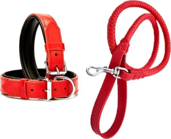 Kırmızı Deri Örgü Köpek Gezdirme Kayışı 90cm Ve Kırmızı Deri Köpek Tasması 2,5x56 Cm Toplam 2 Adet - Image 1