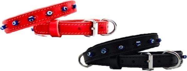 Hakiki Deri Nazar Boncuklu Kedi Ve Köpek Tasması Kırımızı Ve Siyah 38cm X 1,5cm Toplam 2 Adet - Image 1