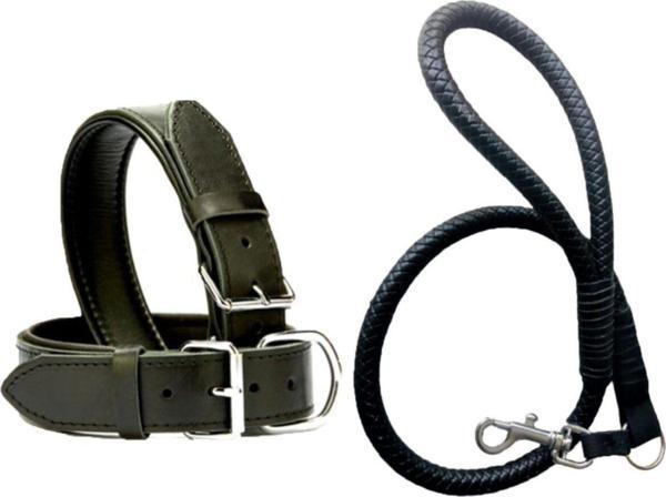 Siyah Deri Örgü Köpek Gezdirme Kayışı 90cm Ve Siyah Deri Köpek Tasması 2,5x56 Cm Toplam 2 Adet - Image 1