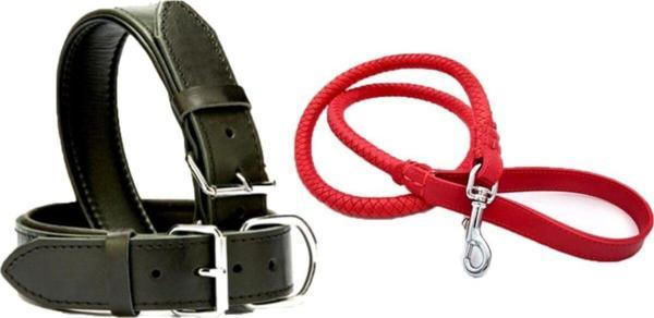 Kırmızı Deri Örgü Köpek Gezdirme Kayışı 90cm Ve Siyah Deri Köpek Tasması 2,5x56 Cm 2li Set - Image 1