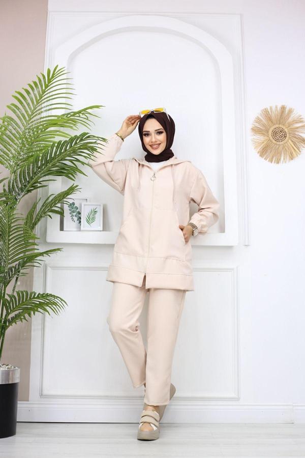 Pink Fly Kanguru Cepli İthal Double Kumaş Kapüşonlu Kadın Tesettür İkili Eşofman Takımı - Image 1