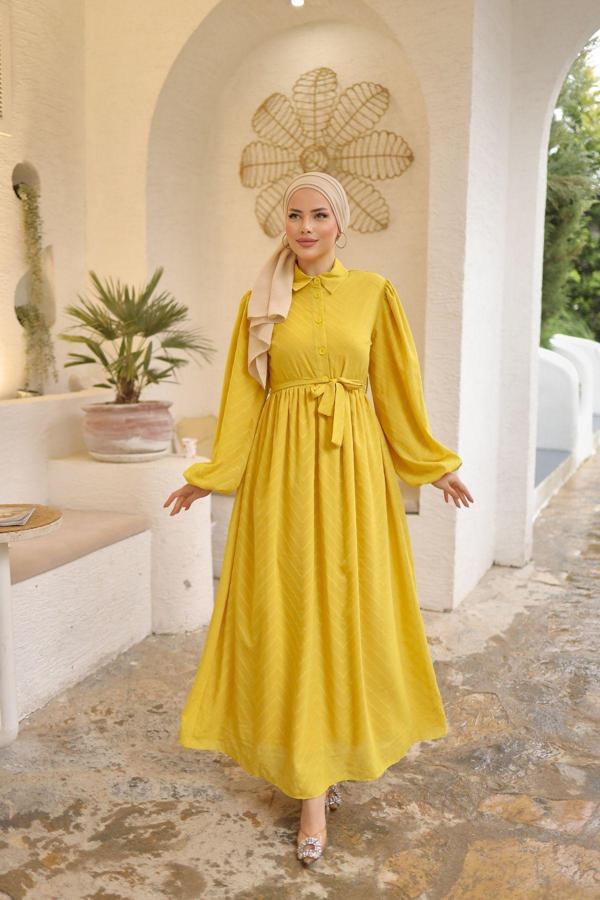 Pink Fly Kesme Şifon Boydan Astarlı Gömlek Yaka Uzun Kadın Balon Kol Tesettür Elbise - Image 1