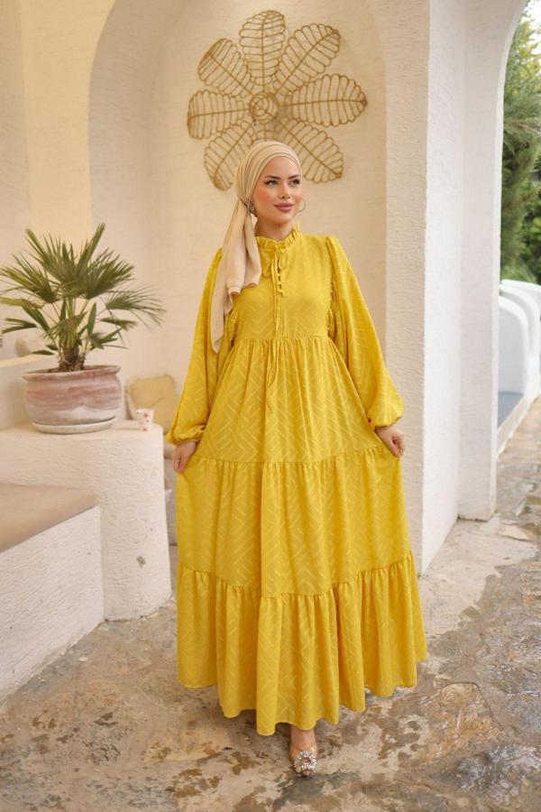 Pink Fly Kesme Şifon Boydan Astarlı Hakim Yaka Püsküllü Uzun Kadın Balon Kol Tesettür Elbise - Image 1