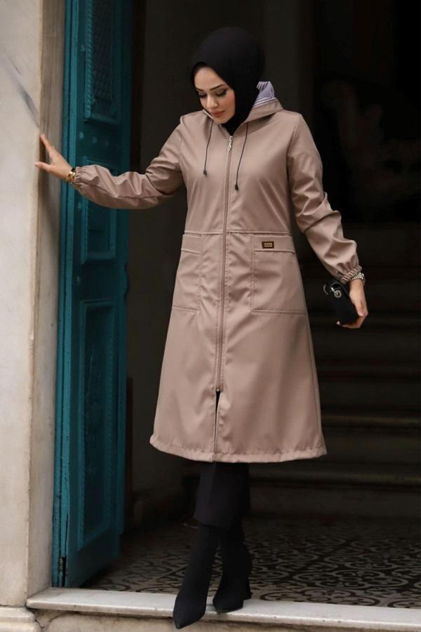 Pink Fly Kapüşonlu Fleto Cepli Çizgi Desenli Kadın Tesettür Trençkot - Image 1