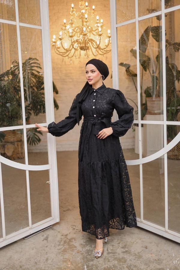 Pink Fly Güpürlü İnci Düğmeli Gömlek Yaka Kesme Şifon Boydan Astarlı Uzun Kadın Balon Kol Tesettür Elbise - Image 1