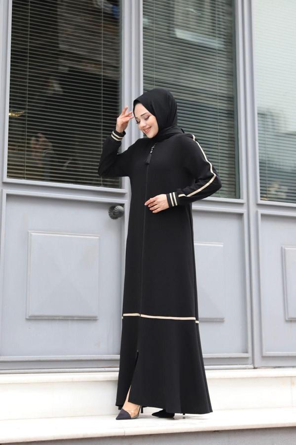 Pink Fly 1. Kalite Rabia Krep Kumaş  Krem Rengi Şeritli Kol Ribanalı Tesettür Giyim Kadın Ferace - Image 1