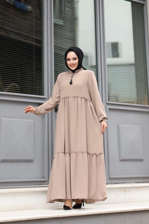 Pink Fly Rabia Krep Kumaş Tesettür Giyim Kadın Büzgülü Ferace - Image 1