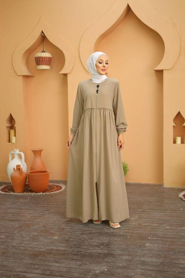 Pink Fly Büyük Beden Rabia Krep Kumaş Tesettür Giyim Kadın Büzgülü Ferace - Image 1