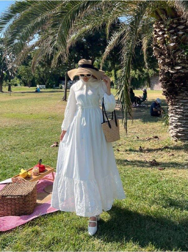 Pink Fly Kadın Bebe Yaka Kuşaklı Astarlı Fisto Uzun Tesettür Elbise - Image 1