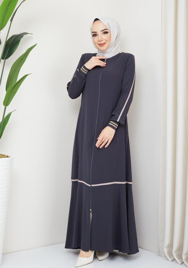 İmajbutik Füme Kol Ribanalı Şeritli Medine Ipeği Ferace - Image 1