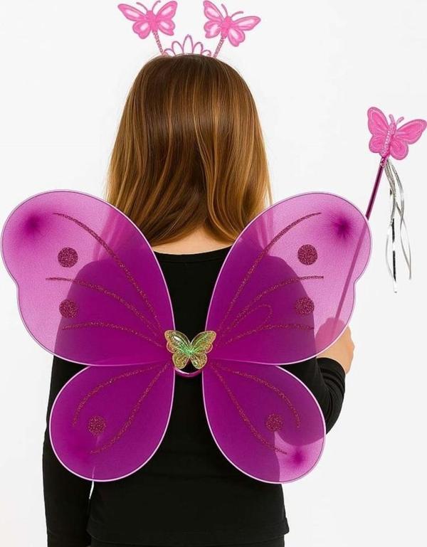 Nessiworld Fuşya Kelebek Kız Seti – 50 cm Kelebek Kanadı, Taç ve Asa - Image 1