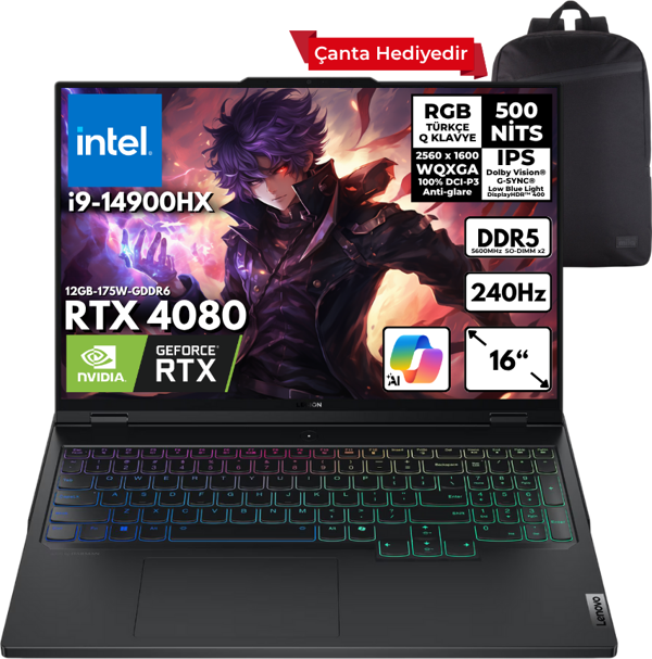 Lenovo Legion Pro 7 i9-14900HX 48-GBDDR5 2 TBSSD RTX4080 (12GB-175W-GDDR6) 16" 240Hz WQXGA Windows 11 Pro + HMF Sırt Çantası 83DE0086TRHMF19 - Image 1