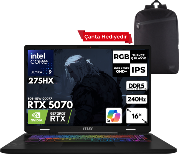 MSI CROSSHAIR 16HX AI Ultra 9-275HX 32-GBDDR5 4 TBSSD RTX5070 (8GB-115W-GDDR7) 16" 2K QHD+ 240Hz Windows 10 Home + HMF Sırt Çantası D2XWGKG-047XTRHMF57 - Image 1