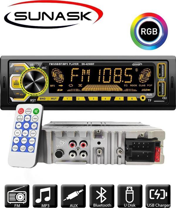 Sunask Sn-4250Bt Çift Usb Araba Oto Teyp Radyo Bluetooth Usb Sd Aux Rgb Tuş Işığı 4X75 Watt - Image 1