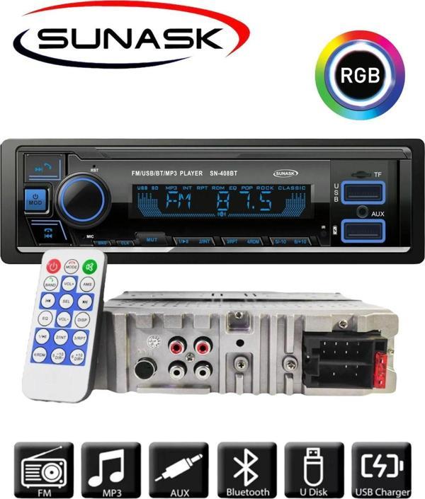 Sunask Sn-408Bt Çift Usb Girişli Bluetoothlu Radyo Usb Sd Aux Oto Teyp Kumandalı Rgb Tuş Işığı - Image 1