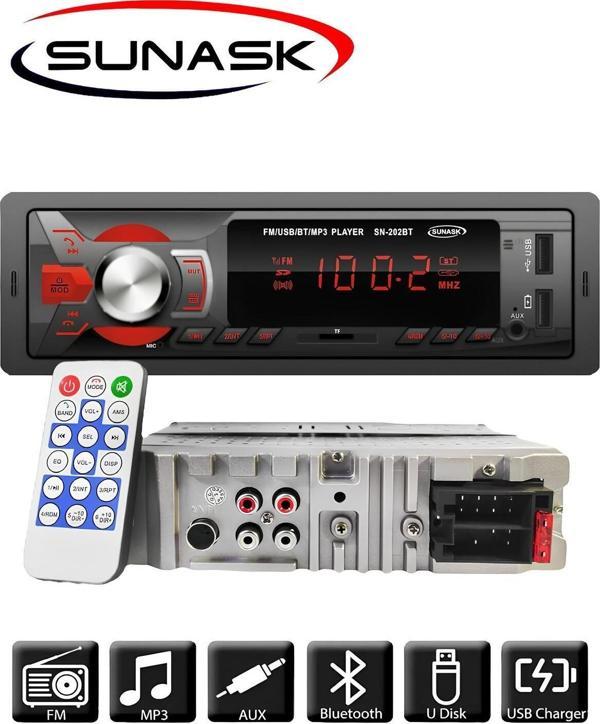 Sunask Sn-202 Çift Usb Girişli Bluetooth Oto Teyp Araba Teybi Radyo Usb Sd Aux Teyp Amfi Çıkışlı Kumandalı - Image 1