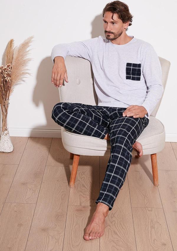 Buratti Ekoseli Cepli Beli Lastikli % 100 Pamuk Regular Fit Erkek Pijama Takımı 6572001 GRİ MELANJ - Image 1